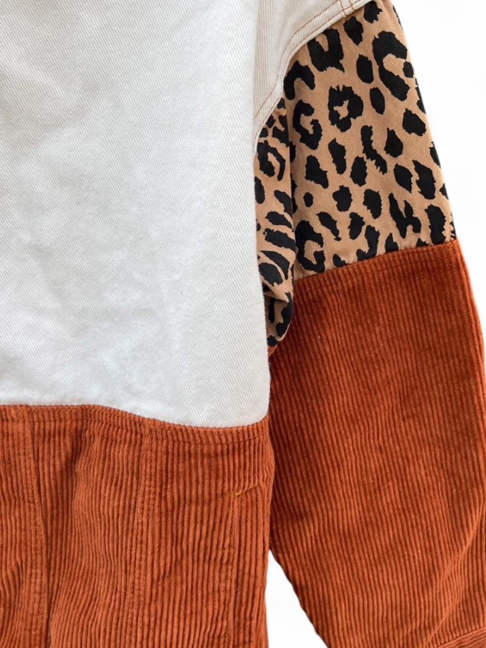 90s Colorblock Corduroy Jacket with Leopard Accent - Cream & Rust - Picture 3 of 8